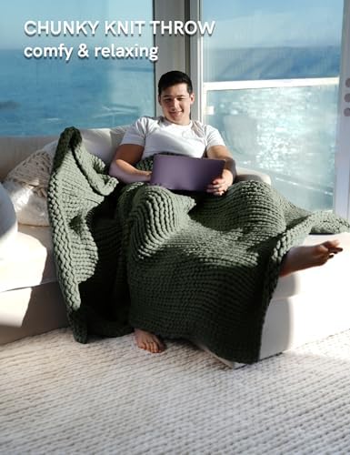 YnM Chunky Throw Blanket, Medium-Weight, Hand Knitted, Skin Friendly, Ventilated and Breathable, Machine Washable, Home Décor Piece for Couch, Sofa and Bed (Olive, 50x70 Inch) - Image 3
