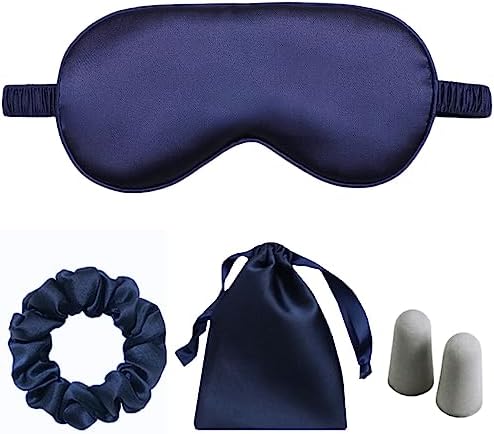 Navy Sleep Eye Mask, Blackout Silk Satin Travel Blindfold Set Women by LCBD