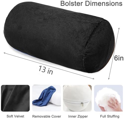 1 MIDDLE ONE Round Cylinder Bolster Pillow with Removable Velvet Cover, Tube Roll Cervical Pillow for Head, Neck, Back and Legs Support, 13" x 6", Black - Image 2