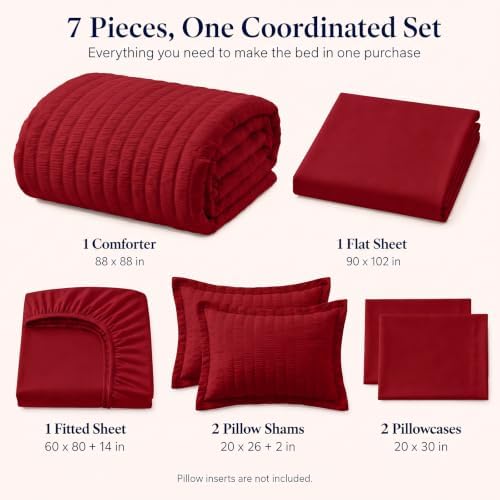 CozyLux Queen Comforter Set, 7 Pieces Dark Red Seersucker Bed in a Bag - Image 2