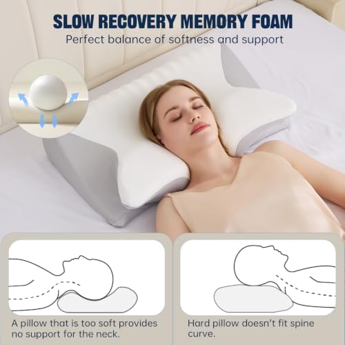 Cervical Neck Pillow for Pain Relief,Ergonomic Contour Memory Foam Pillows,Orthopedic Bed Pillow for Side Back Stomach Sleeper,Includes an Extra Pillowcase (White) - Image 3