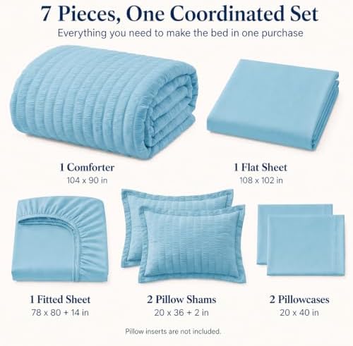 CozyLux King Size Comforter Set, 7 Pieces Sky Blue Seersucker Bed in a Bag - Image 2