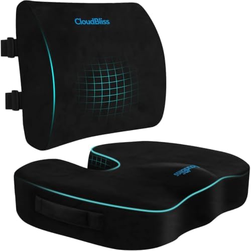 CloudBliss Ergonomic Seat Cushion & Lumbar Support Pillow Set, Black,Large by CloudBliss