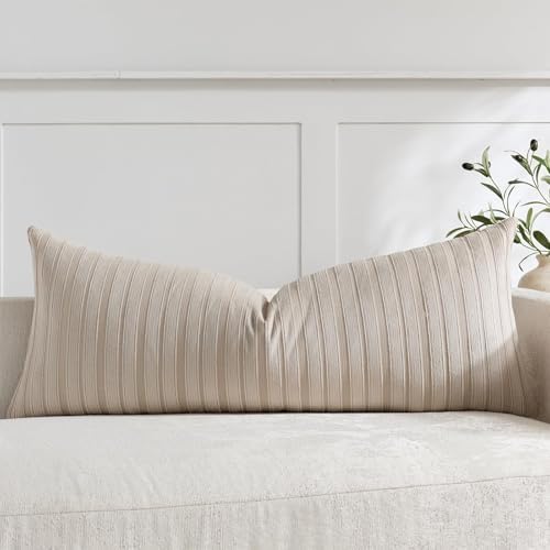 DEZENE 14x36 Taupe Lumbar Pillow Covers Soft Striped Corduroy Neutral Rectangular Long Body Pillow Cases for Couch Sofa Bedroom Living Room Home Decor by DEZENE