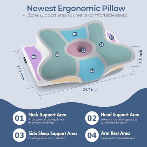 Cervical Neck Pillow for Pain Relief - Ergonomic Side Sleeper Pillow for Neck Support, Cooling Memory Foam Pillows, Contour Pillow Orthopedic Bed Pillow for Back Stomach Sleepers (Dark Grey) - Image 4