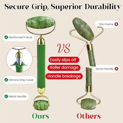 Rena Chris Gua Sha and Face Roller Set: Anti-Breakage Jade Roller for Long-Lasting Use, Jawline Sculpting and Puffiness Reducing, Gua Sha Facial Tools for Self Care Gift (Green) - Image 3