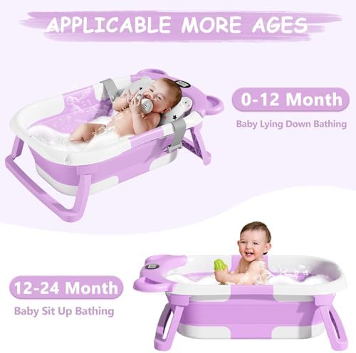 MoreFeel Collapsible Baby Bathtub for Newborn with Thermometer & 1 Hooded Towel & 1 Soft Floating Cushion,Portable Travel Bathtub with Drain Hole, Durable Foldable Baby Tubs for Infants to Toddler - Image 6