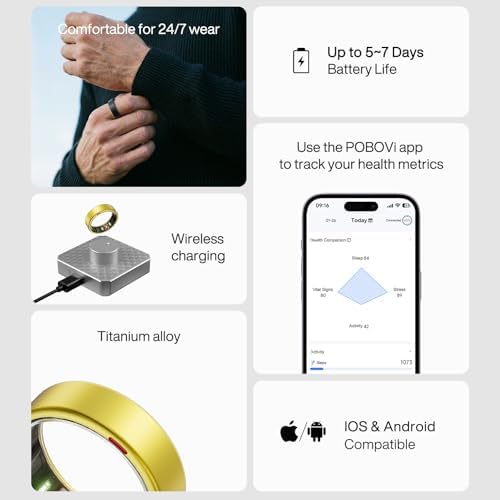 POBOVi Gen 2 Titanium Smart Ring for Women & Men, Sleep & Heart Rate Tracker, No Subscription, Size Before You Buy (Gold, 9) - Image 5