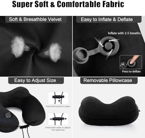 Inflatable Travel Neck Pillow for Airplanes, Super Soft Velvet Neck Support, Adjustable Firmness, Blow Up Plane Pillow for Long Flights, Road Trips, Travel Essentials with Eye Mask, Earplug - Image 4