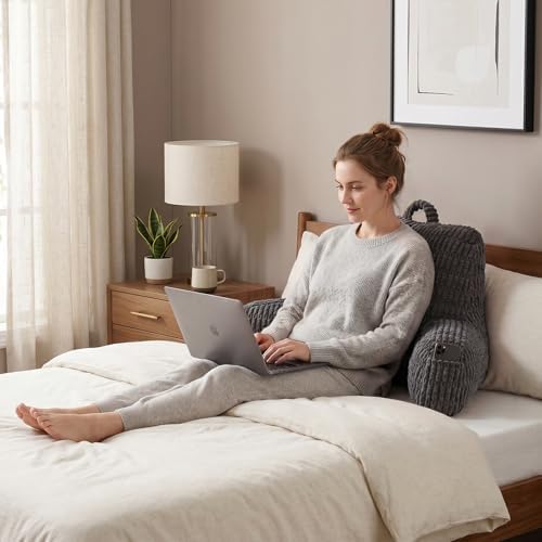 Large Reading Pillow for Sitting Up with Arms,Gray Corduroy - Image 2