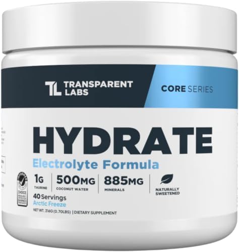 Transparent Labs Hydrate Sugar Free Electrolytes Powder - Hydration Powder Electrolytes Naturally Flavored & Sweetened w Stevia w Coconut Water, Taurine, & Potassium - 40 Servings, Arctic Freeze by TransparentLabs