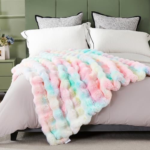 DREAMNINE Soft Faux Bubble Rabbit Fur Blanket Twin Size, Thick Cozy Decorative Colorful Warm Fuzzy Fur Blanket for Bed Couch Sofa Chair Bedroom Living Room Dorm Gift, 60 * 70 Inches, Rainbow - Image 4