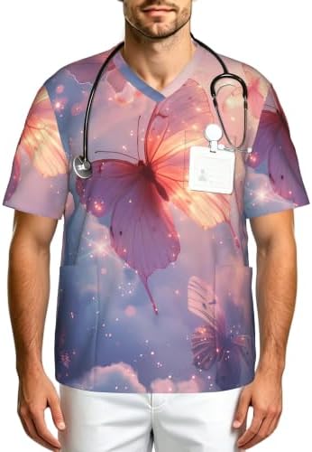 Men's Scrub Top,V-Neck Spill Wrinkle Resistant,3 Pockets-Butterfly Aesthetic (4) by Unknown