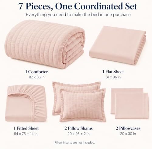 CozyLux Full Size Comforter Set 7 Pieces Blush Pink Seersucker Bed in a Bag - Image 2
