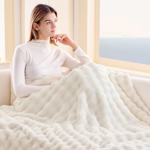 NEWCOSPLAY 3D Bubble Flannel Throw Blanket for Couch Ivory, 50"×60" - Image 3