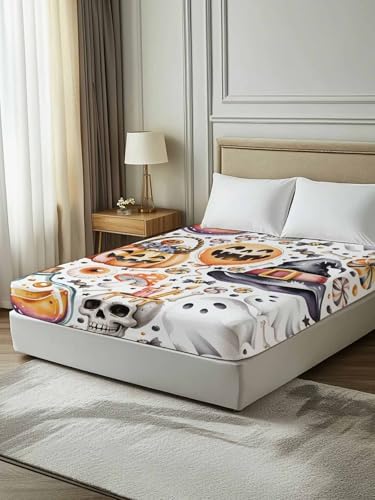 Halloween California King Flat Sheet Candy Pumpkin Flat Sheets Only Soft Bedding Top Sheets Hotel Quality Witch Hat Eyeball Skull Ghost Cal King Bed Sheet for All Season Bedroom Dorm Halloween Decor - Image 7