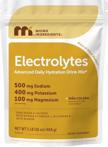 Micro Ingredients Electrolytes Powder, 1 lb | 47 Servings | Sugar Free Workout Hydration | Potassium, Sodium, L-Glutamine, Beta-Alanine, & More | Natural Coconut Water | Pineapple Piña Colada Flavor by MicroIngredients