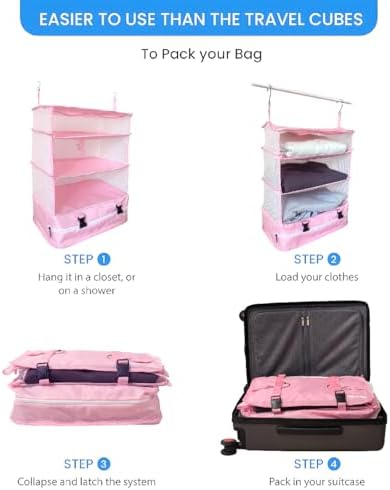 Grand Fusion Stow-N-Go Hanging Travel Shelves, Packing Organizer for Luggage. Carry on Closet for Suitcase. Expandable Packing Cube. Travel Essentials. (Pink - XL, XL = (L) 17.7" x (W) 11.8") - Image 6
