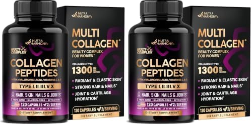 NUTRAHARMONY Multi Collagen Peptides 1300mg - Hydrolyzed Types I II III V & X - 120 Caps (Pack of 2) by NUTRAHARMONY