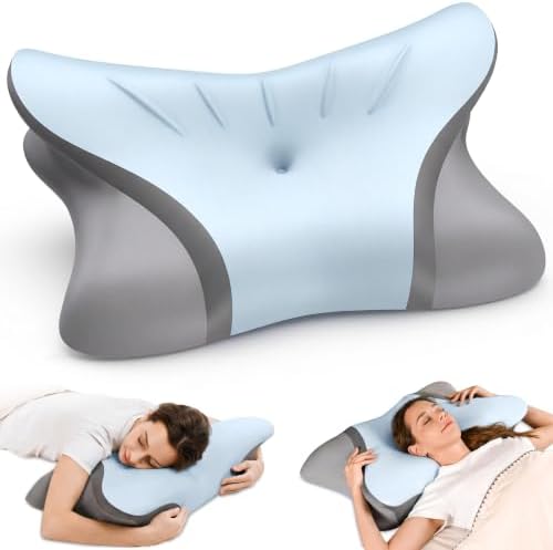 Pain Relief Cervical Neck Pillow, Ergonomic Contour | Q-Max Cooling | Non-Temperature Memory Foam | Side/Back/Stomach Sleeper Support for Sleeping, Reading, Scrolling (Blue & Dark Grey) by HOBEST