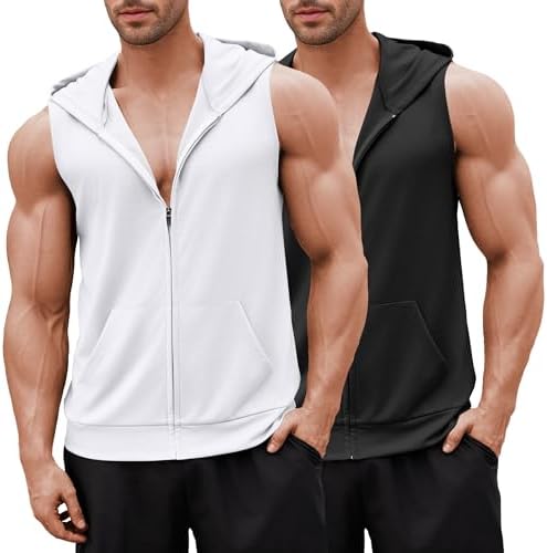 COOFANDY Men's Workout Hooded Tank Tops 2 Pack Zip Up Sleeveless Gym Shirts Muscle Cut Off T Shirt Bodybuilding Hoodies by COOFANDY