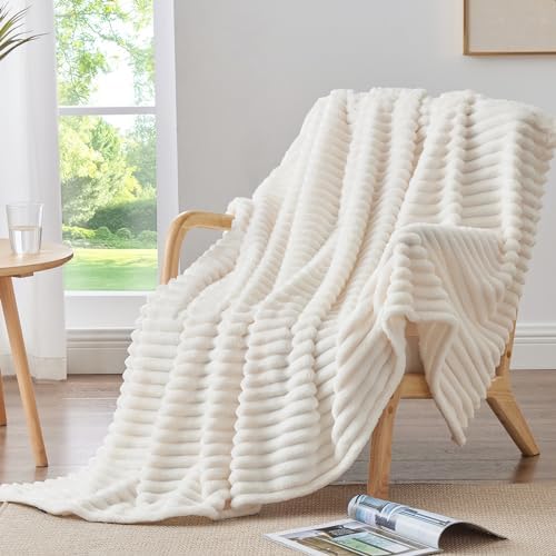 BEDELITE Ribbed Fleece Throw Blanket for Couch, Cream, 50"x60" - Image 2