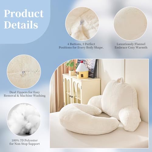17" Reading Pillow for Bed,U Shaped Arm & Elbow Support,White Faux Fur - Image 6