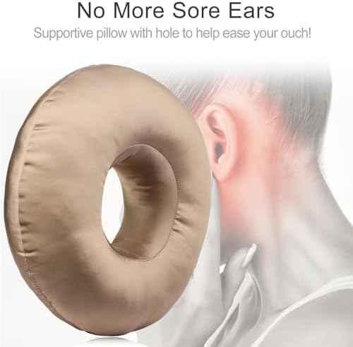 Silky Satin Piercing Pillow Ear Pillows Donut with Hole for Ear Pain CNH Piercing Pain Relief Sleeping Pressure Sore Side Sleepers Smooth Cooling Ear Guard Protector, Taupe - Image 4