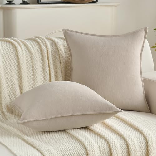 FUTEI Pack of 2 Chenille Throw Pillow Covers 20x20 Inch, Beige - Image 5