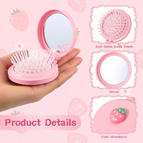 12 Pcs Pink Coquette Strawberry Mini Hair Brushes Folding Mirror Coquette Detangler Brush Bulk Round Compact Massage Scalp Comb for Purse Women Travel Team Gifts Trendy Stuff Party Favors - Image 3