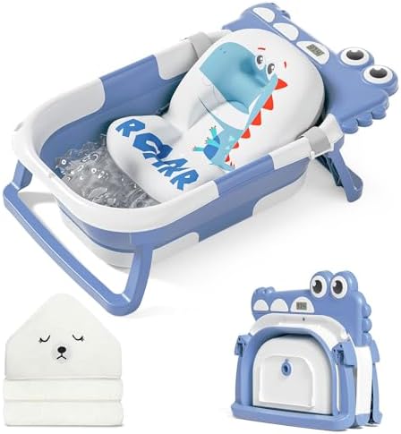 MoreFeel Collapsible Baby Bathtub for Newborn with Thermometer & 1 Hooded Towel & 1 Soft Floating Cushion,Portable Travel Bathtub with Drain Hole, Durable Foldable Baby Tubs for Infants to Toddler by Morefeel
