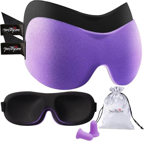 PrettyCare 3D Sleep Mask 2 Pack, Eye Mask for Side Sleeper - 3D Contoured Sleeping Mask Block Out Light for Men Women- No Eye Pressuer Night Masks with Ear Plugs & Travel Bag (Black＆Purple) by PrettyCare