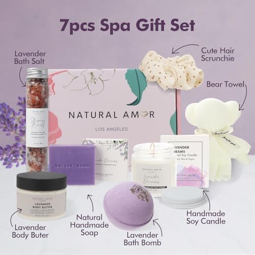 Natural Amor Lavender Spa Gifts for Women,7pcs Self Care Box Including Handmade Soap Bar, Candle, Bath Butter - Image 2