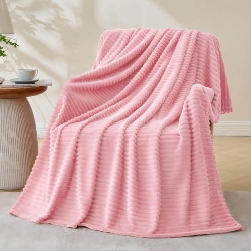 Bnuitland Fleece Throw Blanket for Couch, 300GSM Soft Warm Cozy Fluffy Throw for Adults & Kids, Stripe Pattern, All Season Sofa Bed Blanket for Home Decor, Light Pink 50"x60" by BNUITLAND
