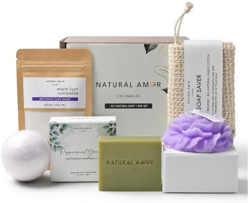 Natural Amor Spa Gift Set for Women, Peppermint Bath Gift for her, 5pc Bath & Body Gift Including Soap Bar, Candle, Bath Bomb by NATURALAMORLOSANGELES