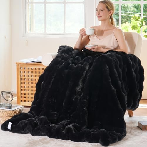 BENVWE Faux Fur Throw Blanket for Couch Bed - Fluffy Soft Thick Bubble Blanket for Living Room Home Decor - Fathers Day Birthday Gifts for Women Men, Black, 60" x 80" - Image 6