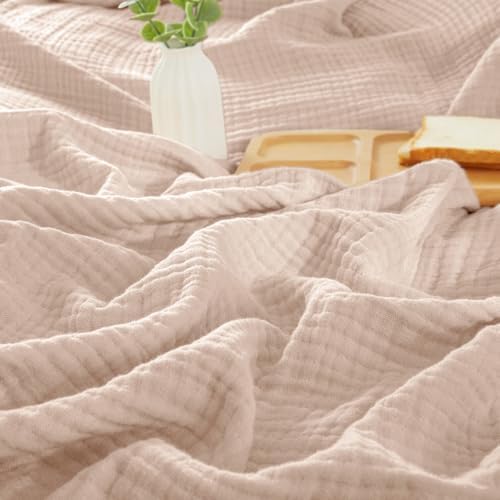 PHF 100% Cotton Muslin Blanket Twin XL Size 66"x90", 4-Layer Lightweight Gauze Throw, Breathable Cloud-Soft Minimalist Blanket for Bed, Couch, Camping & Baby, Dusty Pink, Ideal Gift by PHF
