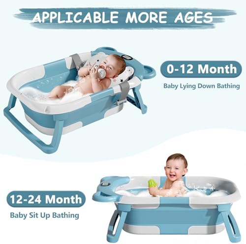 MoreFeel Collapsible Baby Bathtub for Newborn with Thermometer & 1 Hooded Towel & 1 Soft Floating Cushion,Portable Travel Bathtub with Drain Hole, Durable Foldable Baby Tubs for Infants to Toddler - Image 3