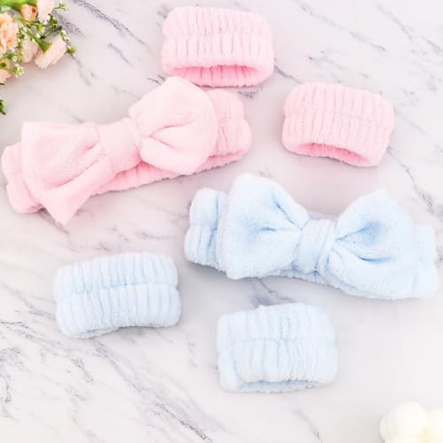 WHAVEL 6PCS Spa Headband and Wristbands Set, Face Wash Headband Wrist Bands for Washing Face Skincare Makeup Hair Band Skin Care Accessories Tools，Blue&Pink - Image 6
