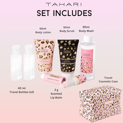 Tahari Vanilla Jasmine Spa Gift Set for Women – Luxurious Bath Kit with Body Lotion, Body Scrub, Body Wash & Lip Balm with Bag – Perfect Selfcare Gifts for Women (Leopard) - Image 2