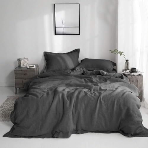Simple&Opulence 100% Linen Duvet Cover Set with Embroidery Washed - 3 Pieces (1 Duvet Cover with 2 Pillow Shams) with Button Closure Soft Breathable Farmhouse - Dark Grey, King Size by SimpleOpulence