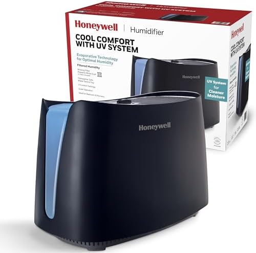 Honeywell Cool Moisture Humidifiers for Bedroom, Medium Rooms, 1.1 Gallon, Invisible Moisture Humidifier for Baby, Kids, Quiet, Easy to Clean, UV Technology, Black, HCM350B by HoneywellPluggedIn