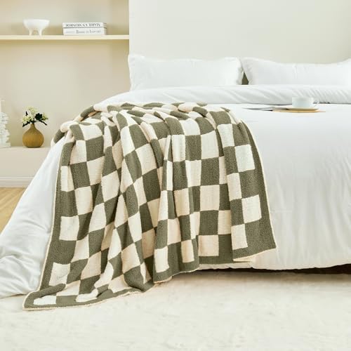 CozeCube Olive Green White Reversible Checkered Knit Throw Blanket 50"x60" - Image 6