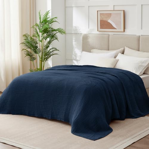 100% Cotton Muslin Blanket California King 120" x 90", 6 Layers Breathable and Lightweight Oversized Blankets for Bed, Soft Cooling Gauze Blanket for Adults All Season, Navy - Image 2
