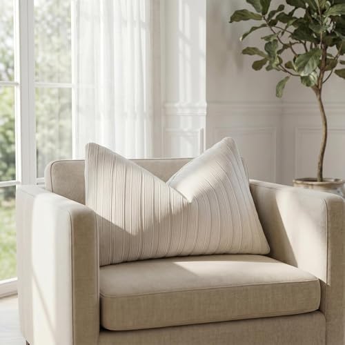 DEZENE 12x20 Beige Lumbar Pillow Covers Soft Striped Corduroy Neutral Rectangular Throw Pillow Cases for Couch Sofa Bedroom Living Room Home Decor - Image 4