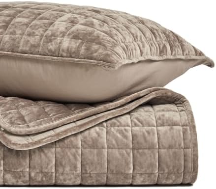 RECYCO Channel Box Stitch Velvet Quilt Set, Full Queen Size, Natural Tan - Image 5