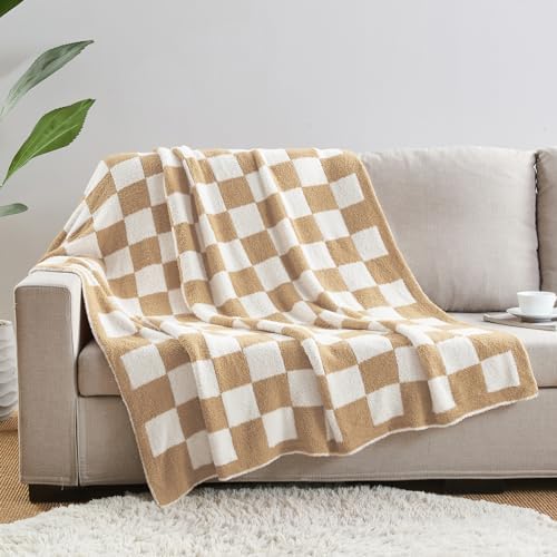 CozeCube Beige White Reversible Checkered Knit Throw Blanket 50"x60" - Image 4