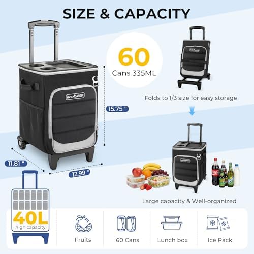 INSMEER 2-in-1 Rolling Cooler with Wheels, 60 Cans Collapsible Soft Sided Cooler on Wheels, Hard Top with 2 Cup Holders, Insulated 100% Leakproof Wheeled Cooler Bag for Beach Camping Outdoor - Image 3