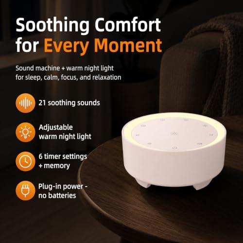 Kipcush White Noise Machine for Sleeping, Baby & Adults, High-Fidelity Non-Looping Sounds, Sleep Sound Machine with Dimmable Night Light, USB Powered, Memory Function, Home, Nursery & Travel - Image 2