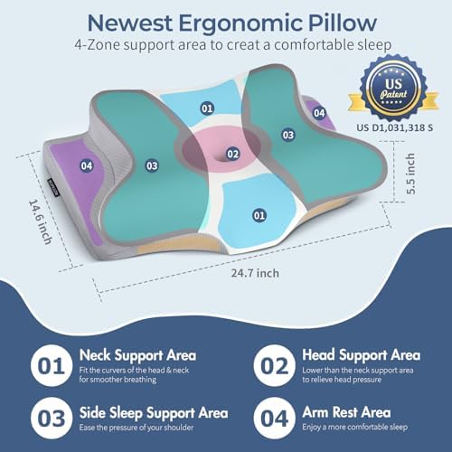 Cervical Pillow for Neck Pain Relief, Ergonomic Neck Pillow for Sleeping, Contour Side Sleeper Pillow for Neck Support, Orthopedic Cooling Memory Foam Pillows for Back Stomach Sleepers (Grey& White) - Image 4